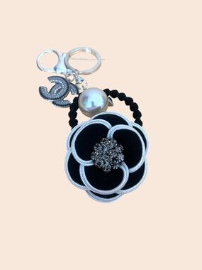 Black and White Camellia Brooch Key Charm with Pearl and rhinestone